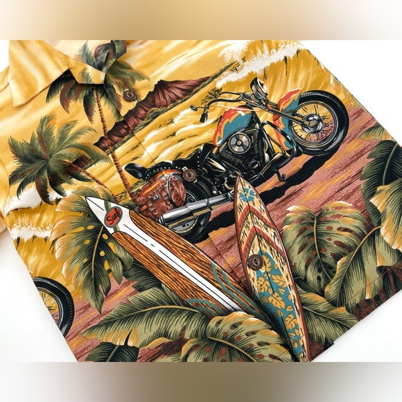 EUC KY’S Hawaiian Aloha Motorcycle Short Sleeve Shirt & Short Set in Yellow 2 - Picture 2 of 10